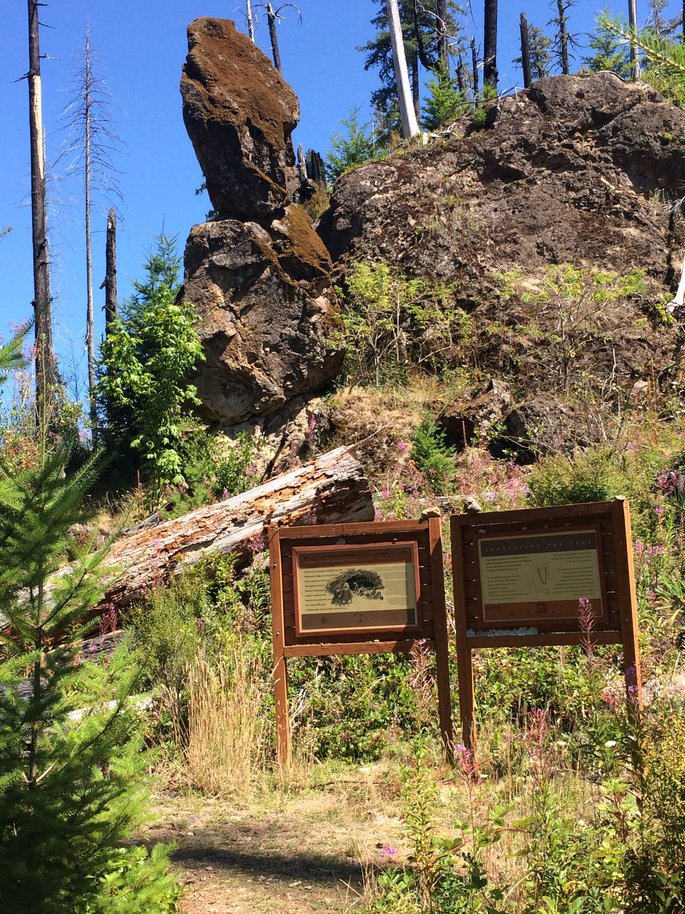 Slick Creek Cave in the Fall Creek region of Oregon. Two signs are posted before the short climb up to the cave. The signs describe how the Kalapuya Indians hunted and lived in this area. Both signs were destroyed in a wildfire in 2017, but I have photos to show what they used to say.