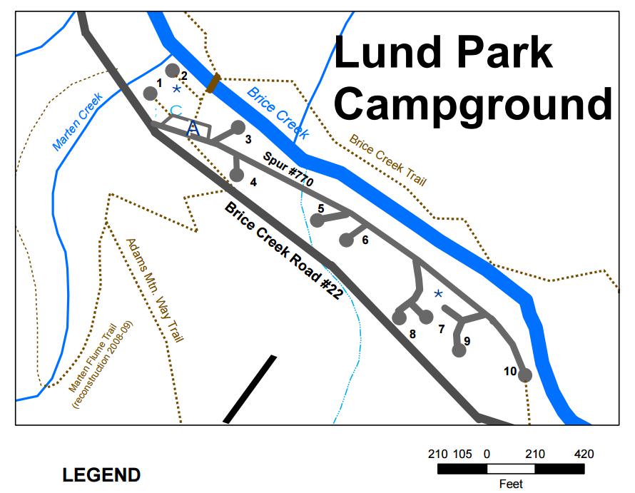 Map of Lund Park Campground showing the road, creek, and 10 campsites.