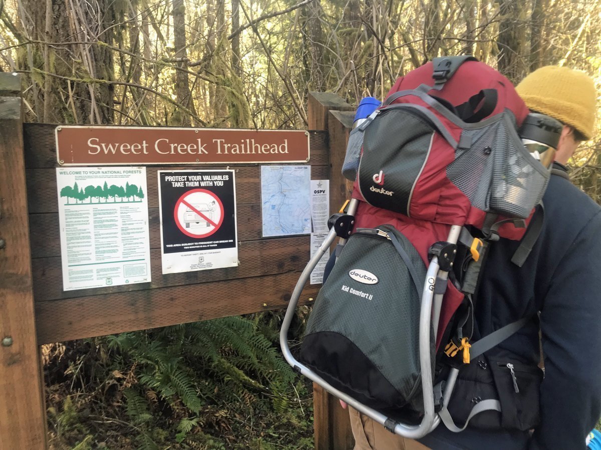 The Homestead Trailhead on the Sweet Creek Trail with eleven waterfalls