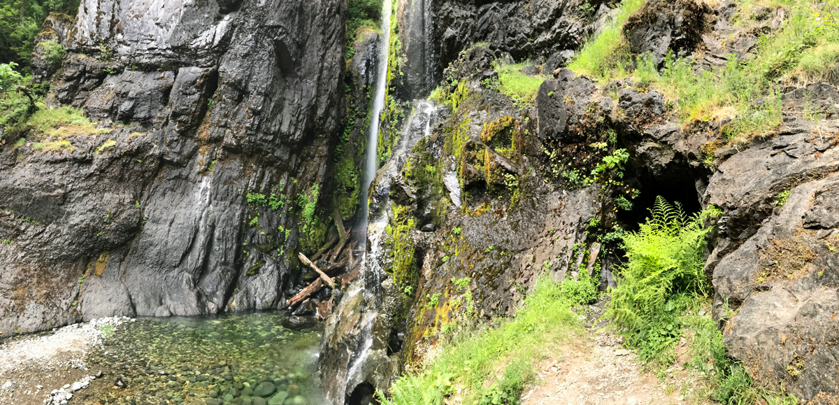 Panorama view of Henline Falls and Silver King Mine's Queen Vein entrance