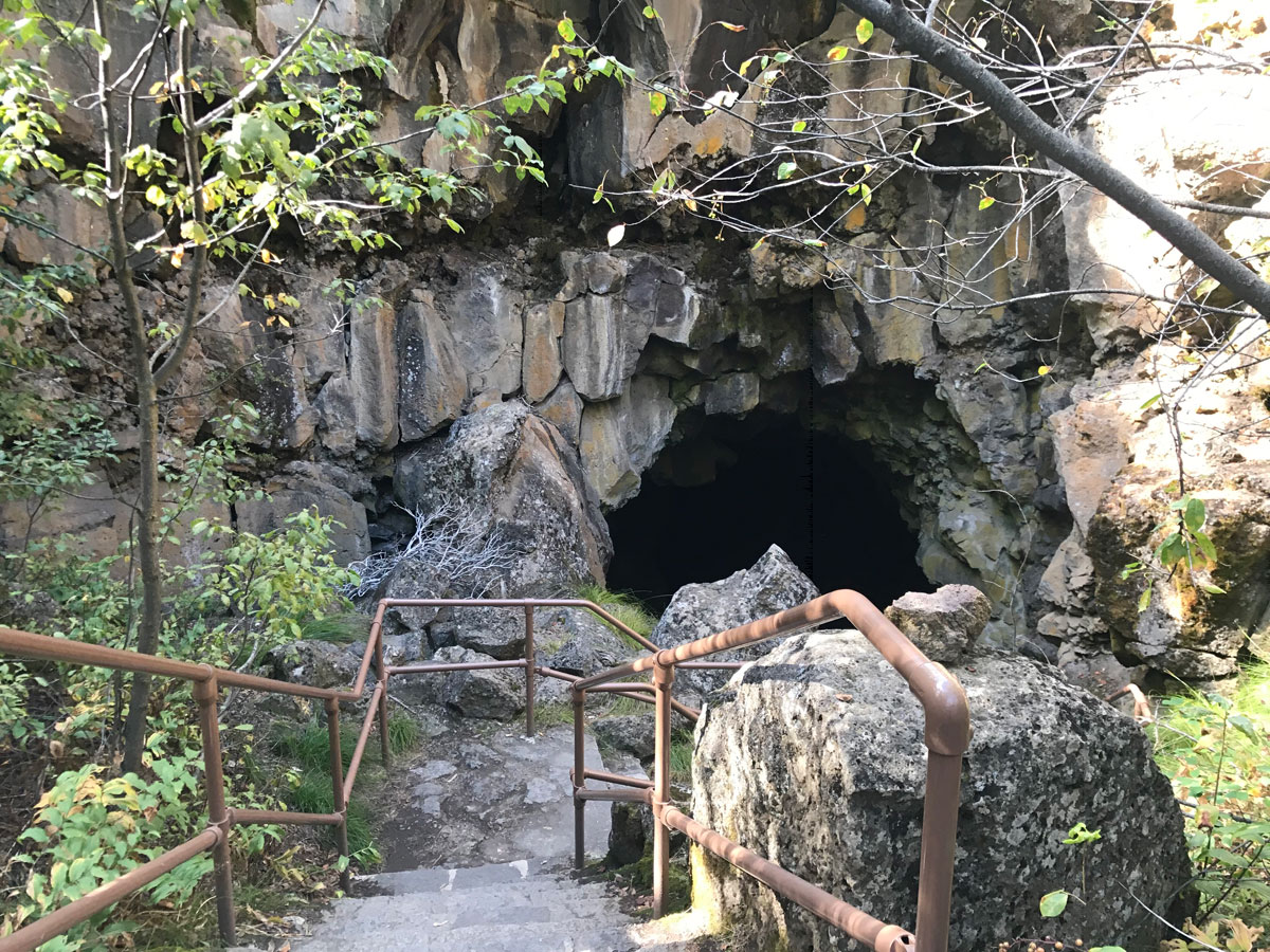 Stairs leading into the lava tube cave's entrance